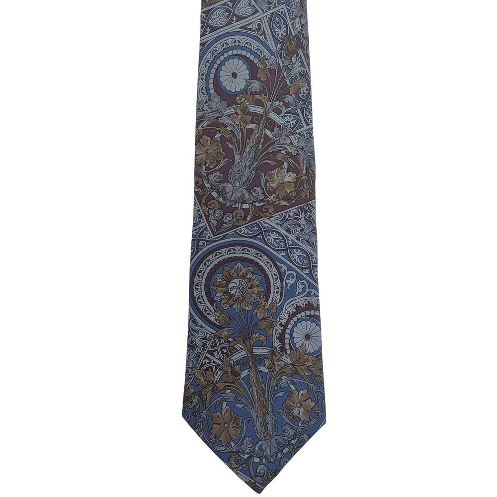 Vintage 70s Karl Lagerfeld Mens Silk Tie Blue Burgundy Gold Baroque Floral Italy